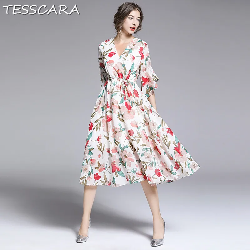 TESSCARA, женское летнее шифоновое платье с цветочным рисунком, праздничное, женское, высокое качество, для офиса, вечерние, женское, элегантное, с v-образным вырезом, дизайнерское, Vestidos
