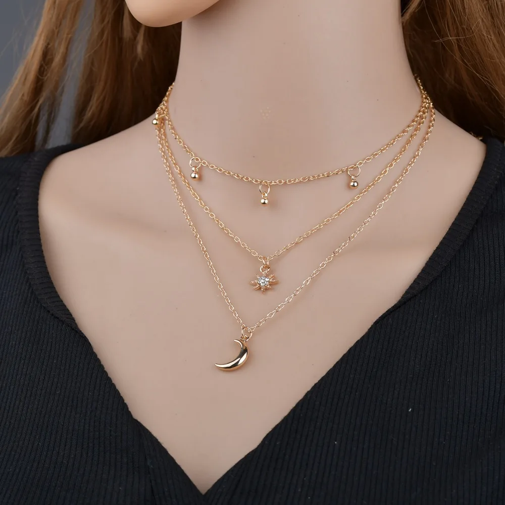 Женское колье чокер с подвеской в этническом стиле 3 слоя золотого цвета цепочка