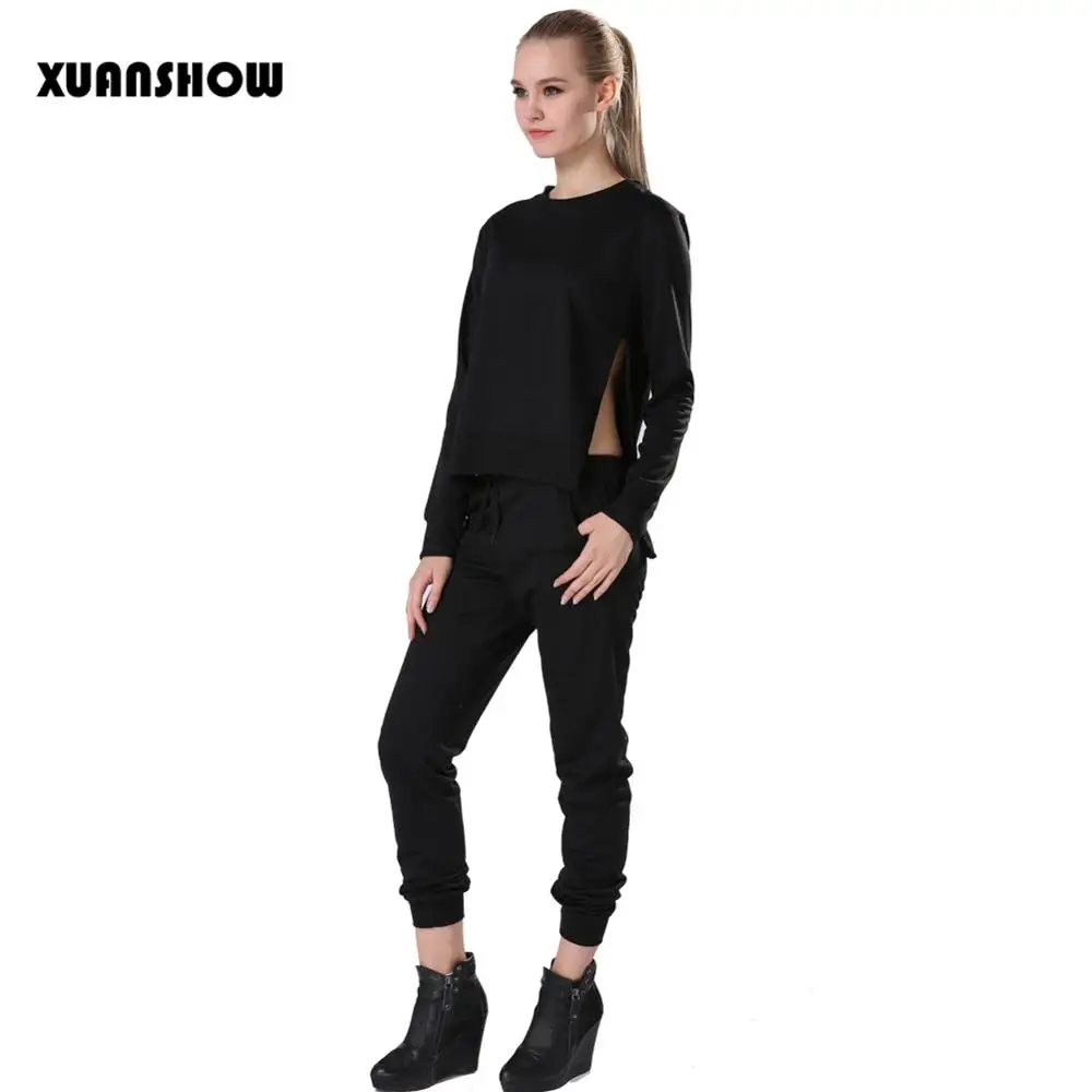 Black thin style XUANSHOW-Женская одежда, спортивные костюмы, женские хлопковые толстовки, толстовка+ длинные штаны, костюм, спортивная одежда, костюмы, брюки, комплект из 2 предметов - Цвет: Black thin style