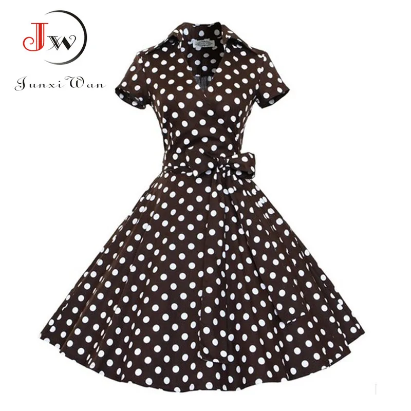 Летнее платье для женщин в горошек винтажное рокабилли свинг Feminino Vestidos v образный