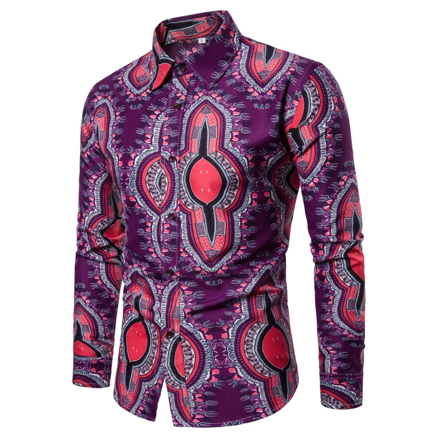Мужская рубашка с длинными рукавами в национальном стиле 3 D принтом на пуговицах