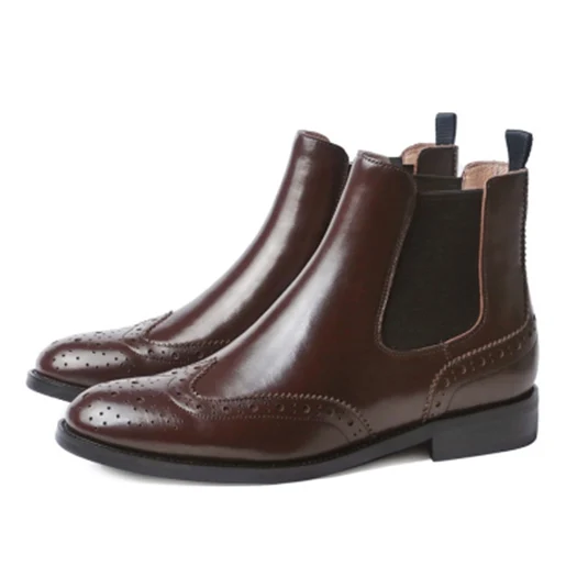 Brown Brogue 2.5cm Осень тенденция обувь коренастый плоские челси женские ботильоны Круглый носок лакированная кожа черный грубый башмак Британская слипоны короткая женский мода китайский женская - Цвет: Brown Brogue 2.5cm