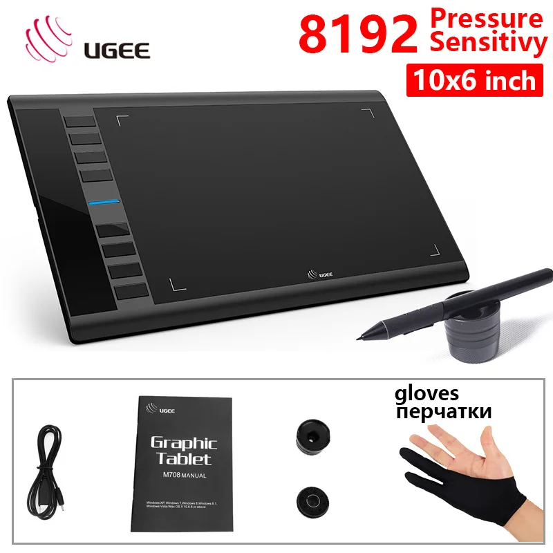 UGEE M708 графический планшет 10x6 дюймов Большая Активная область для рисования планшет 8192 уровней Чувствительная ручка давления для Windows и Mac OS