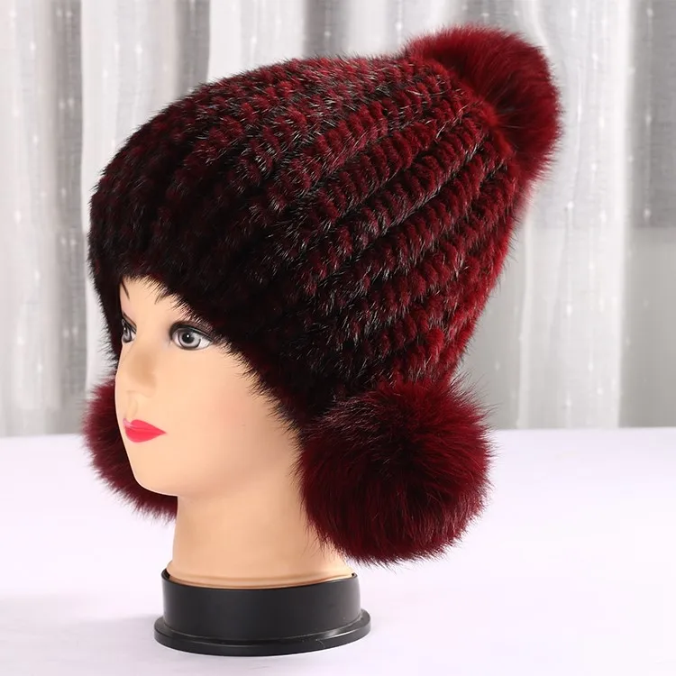 

Hot Lady Mink Fox Fur Ball Woven Ladies Hat Sweet Fashion All-match Warm Earmuffs