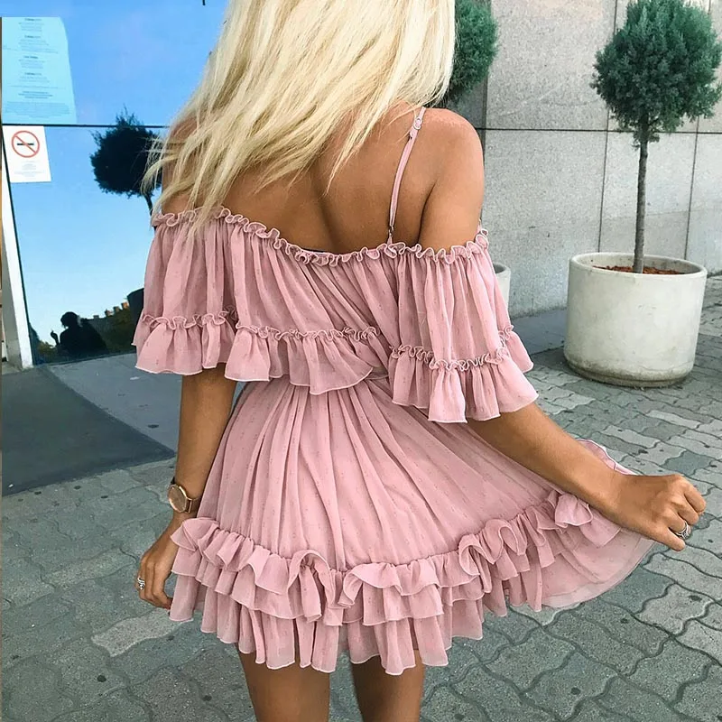 Pink Elegant Off Shoulder Strap Chiffon Dresses Summer Women Ruffle Pleated Short Dress Holiday Loose Beach Mini | Женские платья