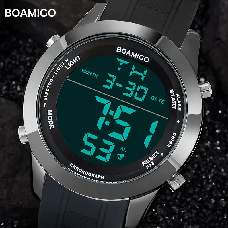 Мужские часы модные спортивные цифровые черные водонепроницаемые резиновые