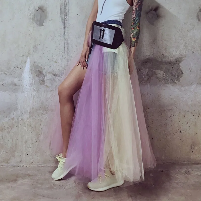 TWOTWINSTYLE сетчатая Лоскутная длинная джинсовая юбка для женщин Высокая талия хит цвет юбки Женская мода Весна