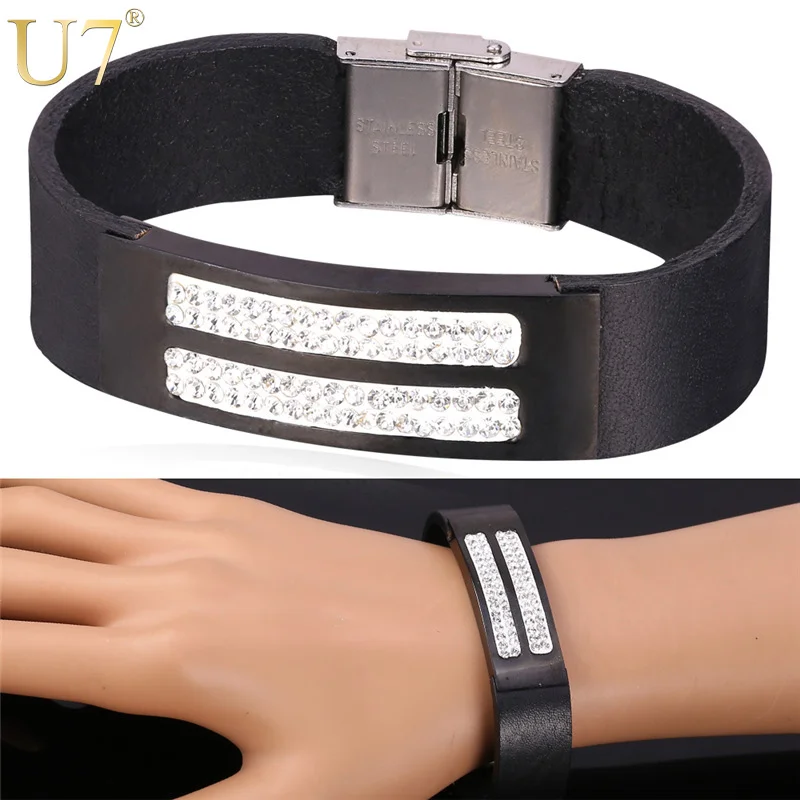 U7 Кожаный Браслет Для Женщин /Мужчин Рок Ювелирные Изделия Мужские Стразы Черные