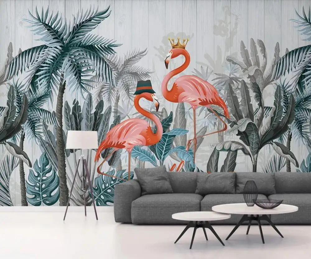 

Custom 3D mural wallpaper Nordic vintage coconut wood flamingo background wall decoration painting