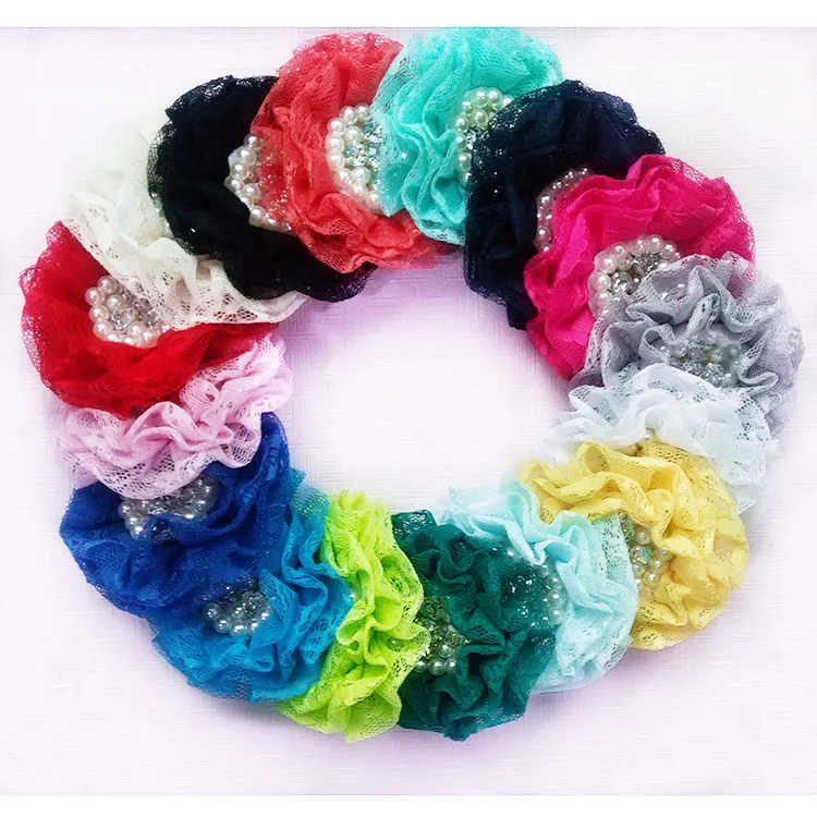 

60 pcs/lot , 8cm '' pearl and rhinestone lace flowers for headband
