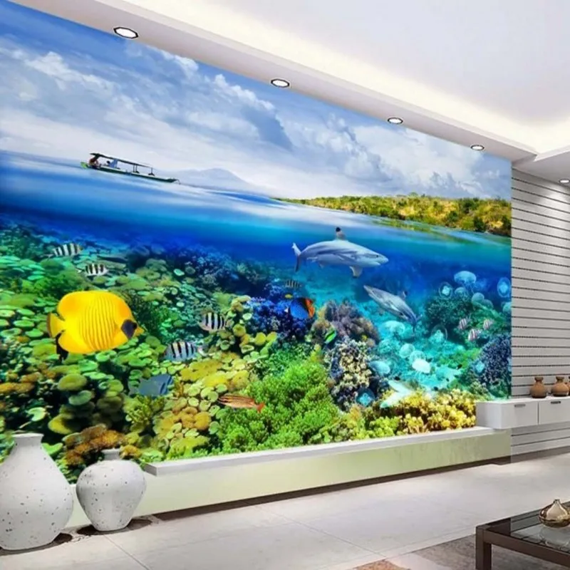 

beibehang Large Custom Wallpaper 3D Aesthetic Blue Ocean Underwater World Shark Coral Living Room TV Backdrop