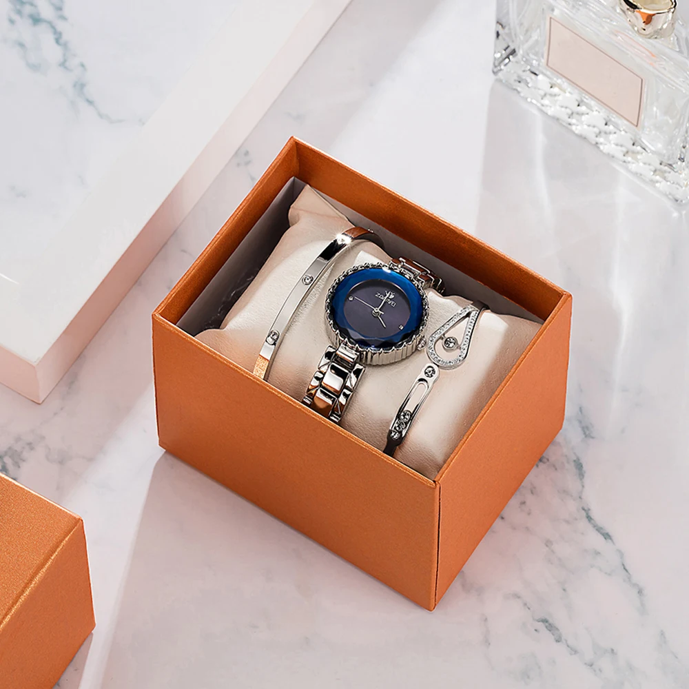 3PCS Ladies Blue Wristwatches ZONMFEI Brand Watches For Women High Quality Stainless Steel Bracelet Watches Set with Gift Box