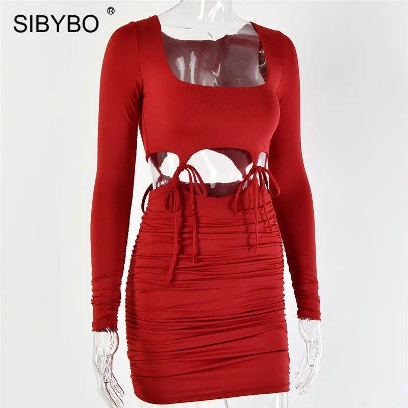 Sibybo, выдалбливают, шнурок, мини, сексуальное, женское платье, длинный рукав, плиссированные, Осенние, вечерние, одноцветные, пляжные, женские, повседневные платья