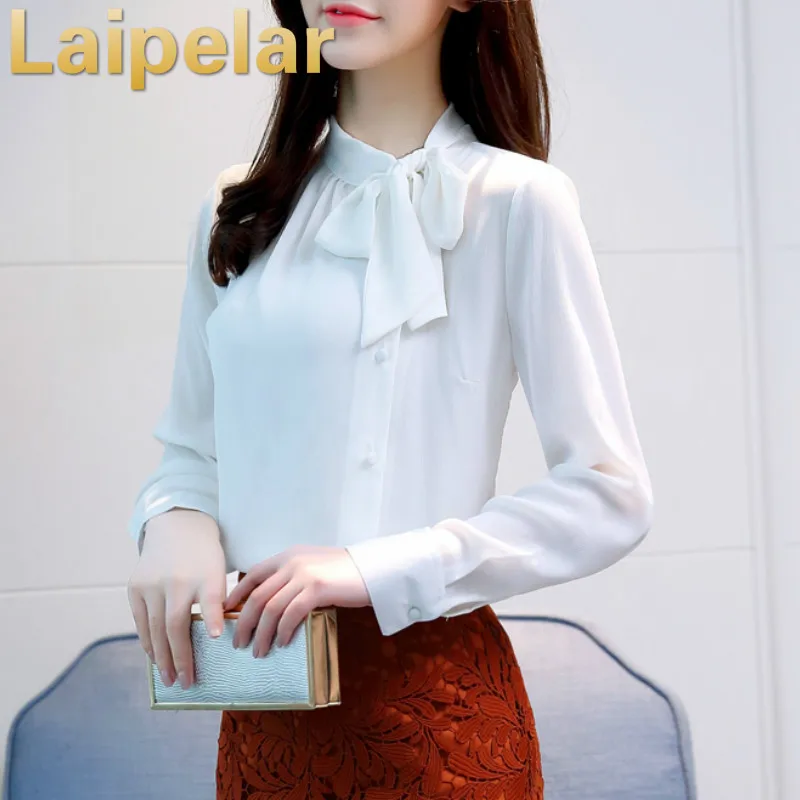 Новинка 2018 Женская одежда с бантом Весенняя шифоновая женская блузка длинными