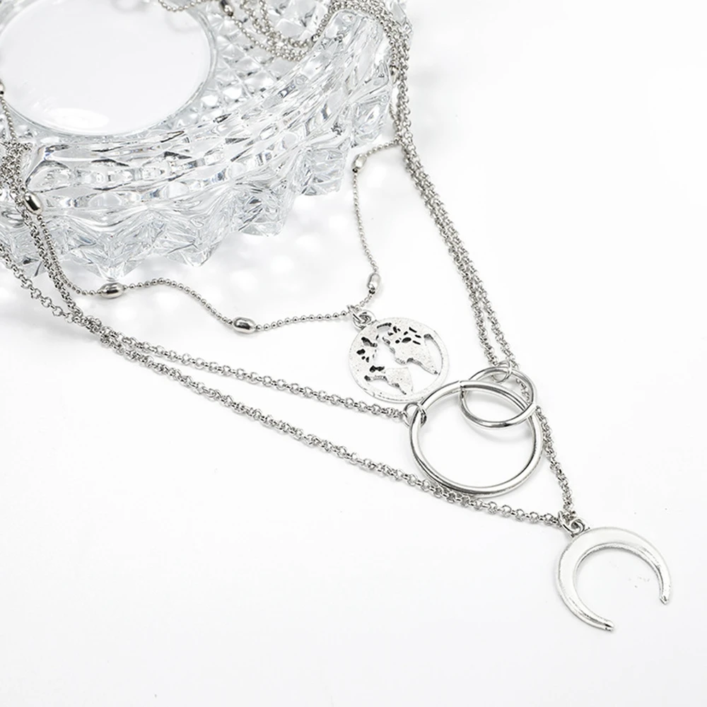 Женская мода Ретро Луна карта мира круг кулон многослойный серебряный ожерелье