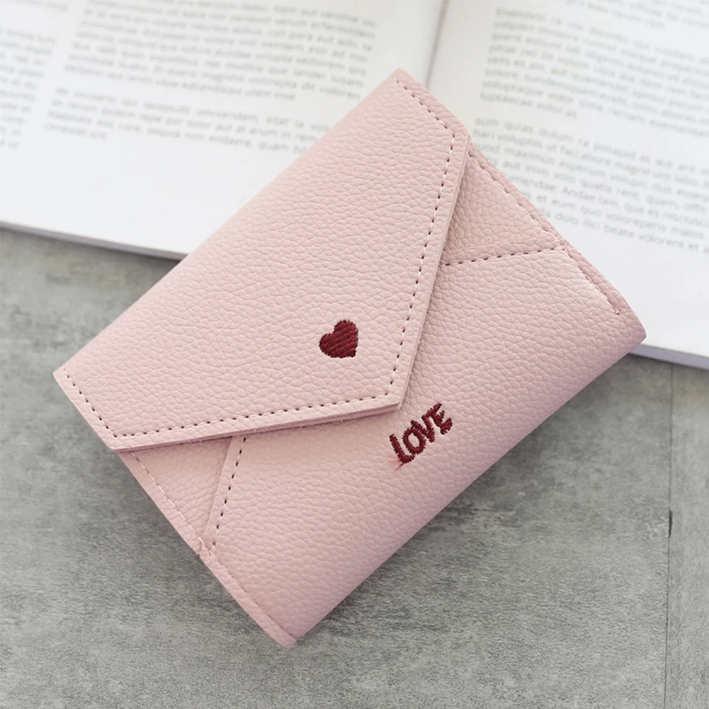 Light Pink Портативный мини-кошелек из искусственной кожи с узором в виде сердца, Многофункциональный маленький карман с вышивкой для монет, Модный женский кошелек с тремя отделениями для карт - Цвет: Light Pink
