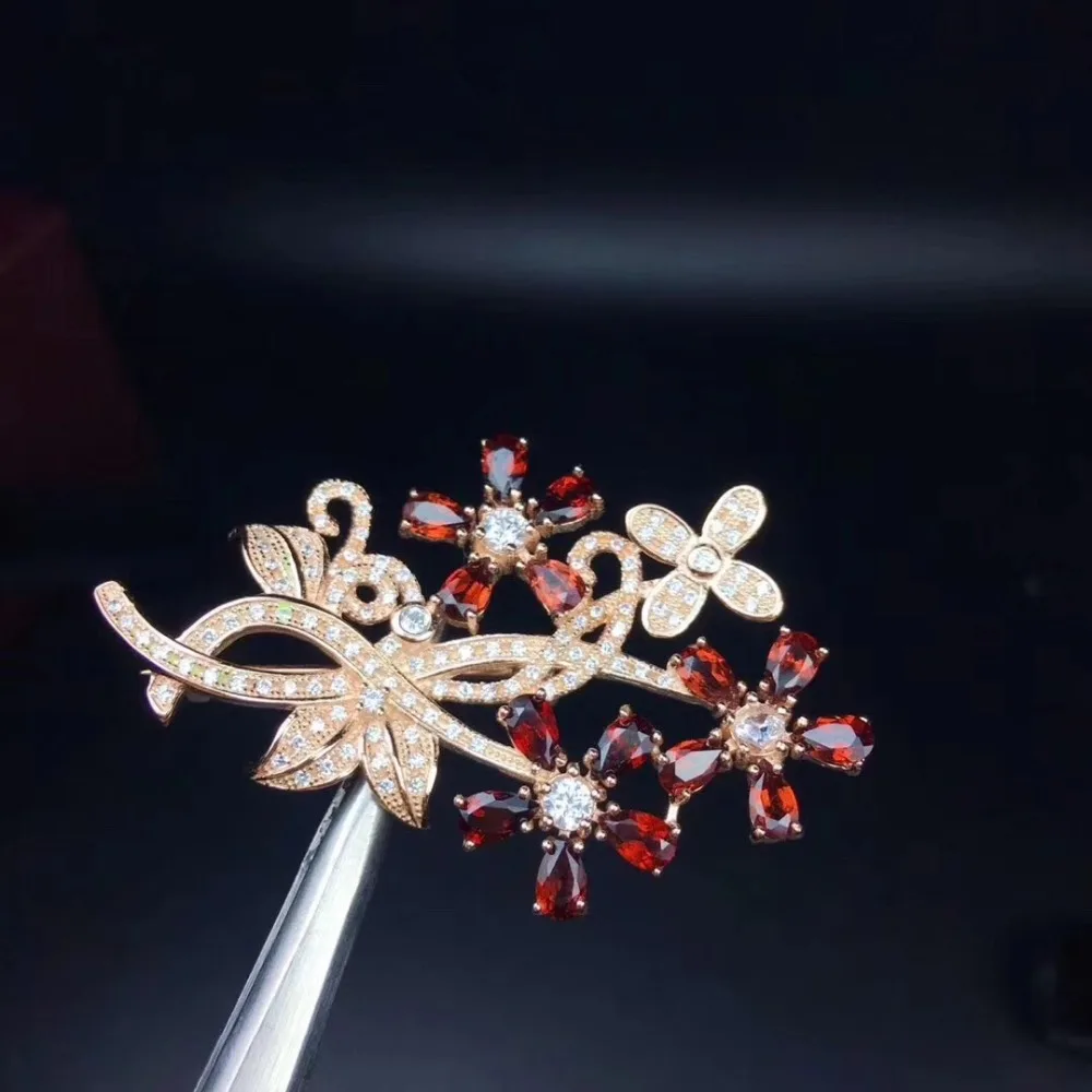 

Flower Garnet brooch Free shipping Natural real Garnet 925 sterling silver brooch 3*5mm 15pcs gemstone