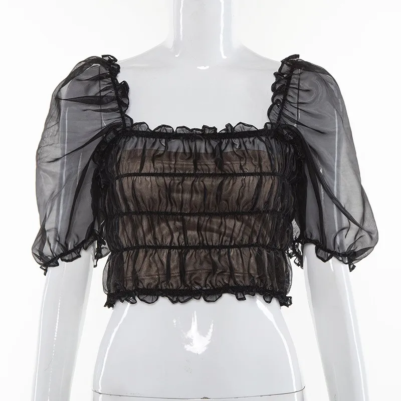 Square Collar Mesh Crop Tops Women Vintage Lace Strapless Puff Sleeve T-shirts Ladies Streetwear Fishnet Tee Shirts cwt0153-5 | Женская
