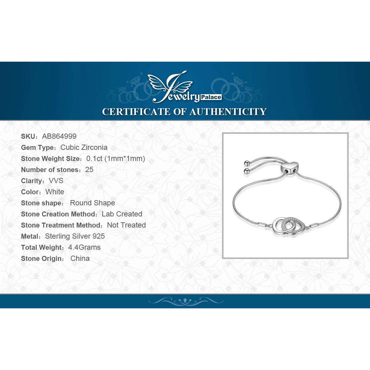 JewelryPalace Асимметричная двойная петля 0.1ct регулируемый браслет 925 Браслеты
