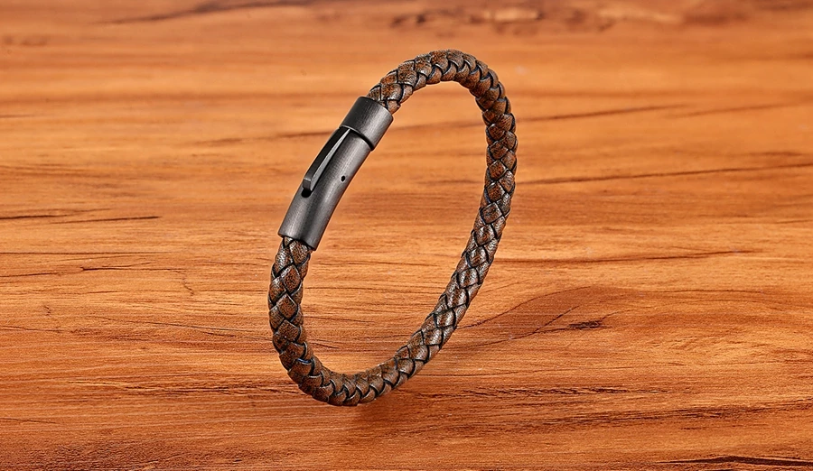 XQNI Simple Style Black Stainless Steel Button Retro Leather Men's Bracelet Multi-color And Size Selection For Handsome Boy Gift