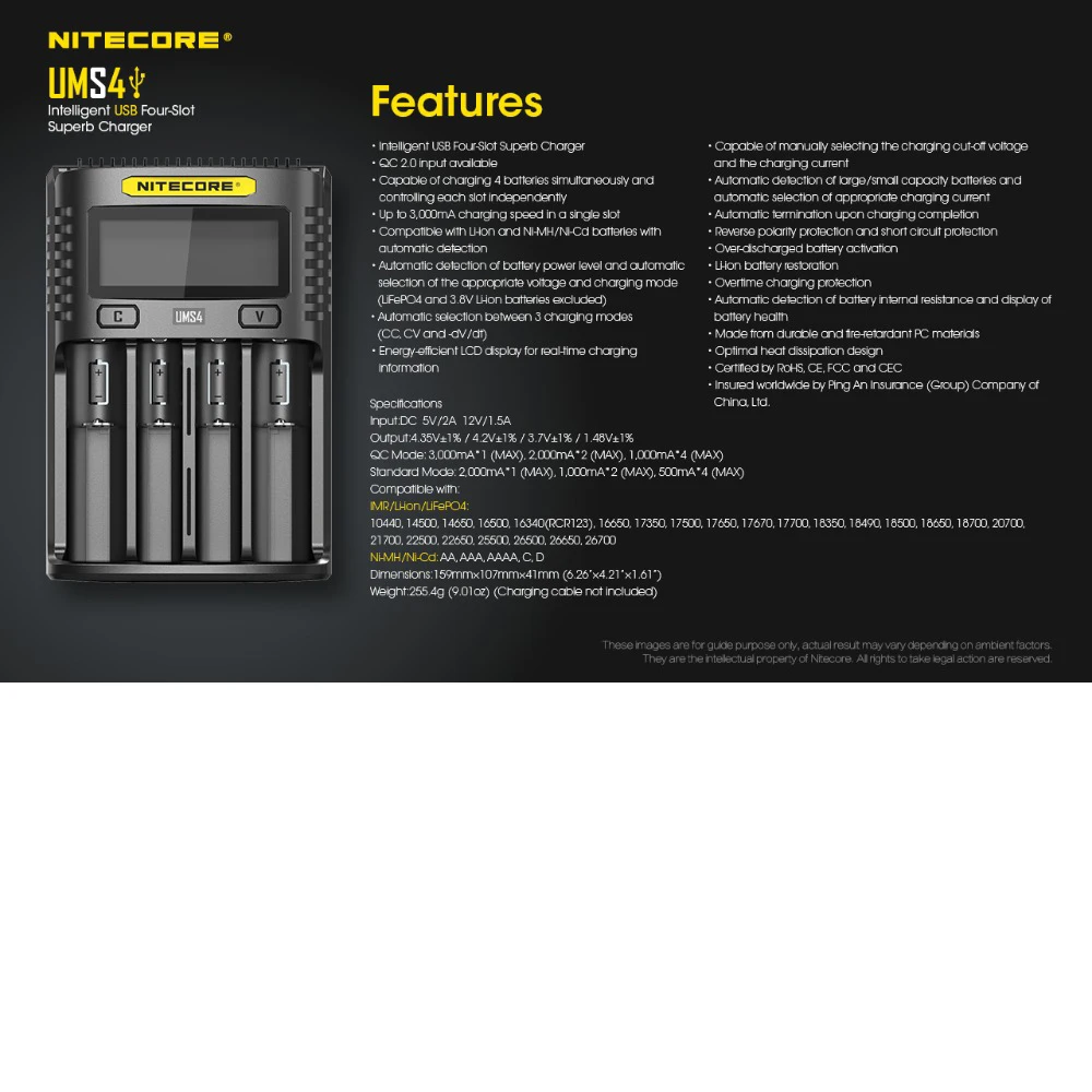 Новинка NITECORE UMS2 UMS4 SC4 интеллектуальное зарядное устройство USB выход 3A для LiFePO4 литий-ионный Ni-MH NiCd 10440 10440 10500 18650