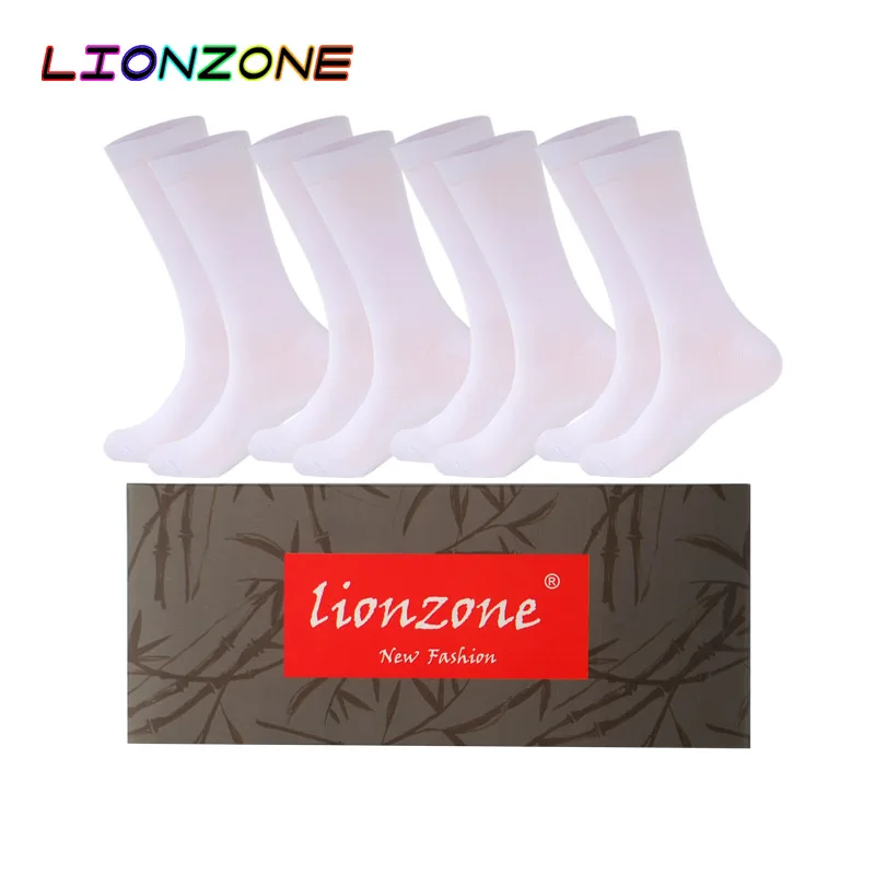 White LIONZONE 4 пар/лот новые стили мужские черные бизнес бамбуковые носки Свадебные носки Размер США(9-13) антибактериальный дезодорант длинные носки - Цвет: White