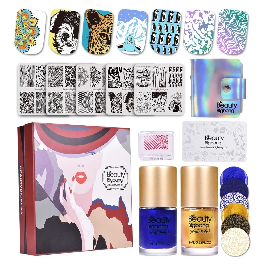 BeautyBigBang 10 шт./компл. для штамповки ногтей Starter квадратные пластины для штамповки ногтей чехол прозрачная гелиевая матрица с 2 шт Лак для стемпинга набор