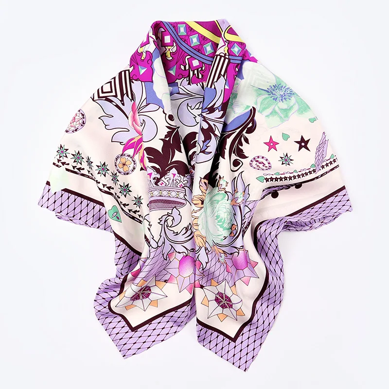 

90*90cm Floral Prints 100% Twill Silk Scarf Shawl Hijab Hand Rolled Edges