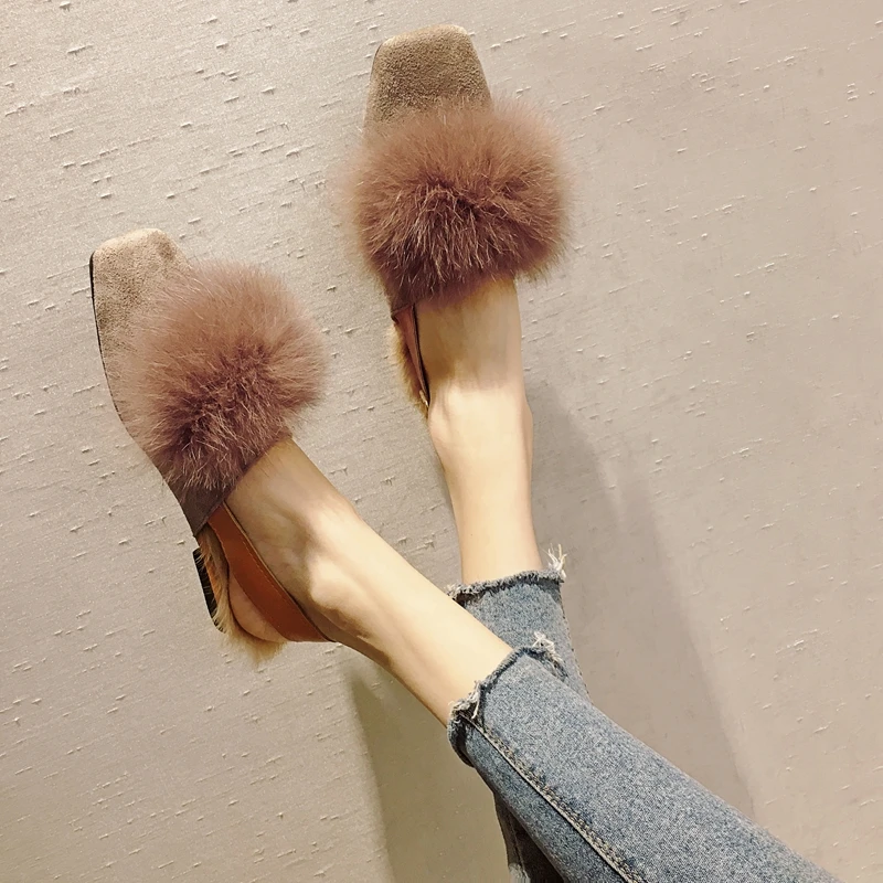 2018 г. осенне зимняя женская обувь модные кожаные тапочки с кроличьим мехом теплая