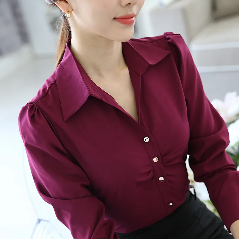 2018 Весенняя женская элегантная шифоновая блузка с пуговицами и складками