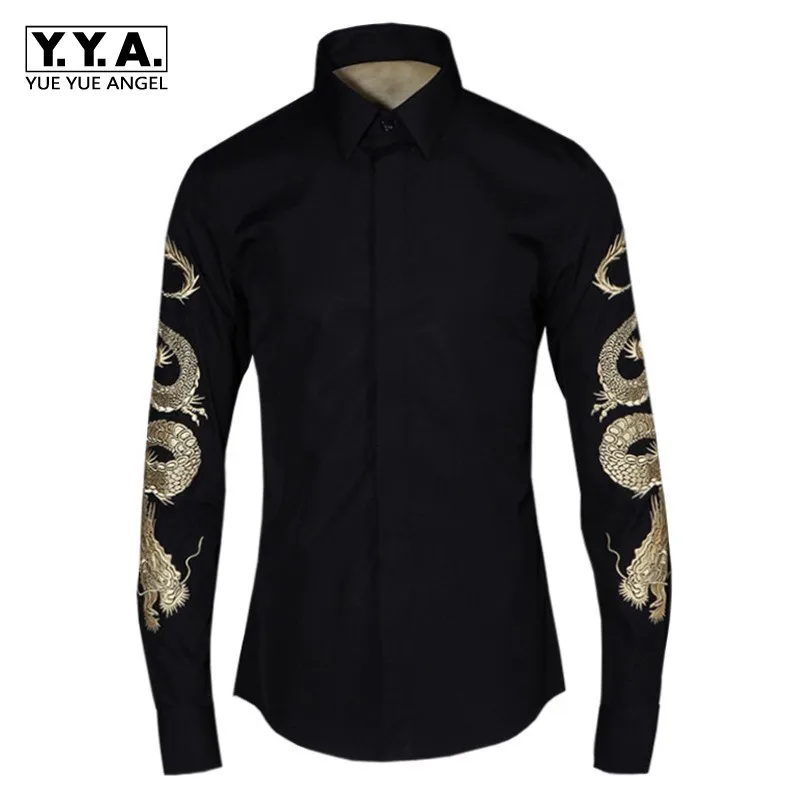Брендовые мужские приталенные рубашки для свадебного платья с вышивкой дракона