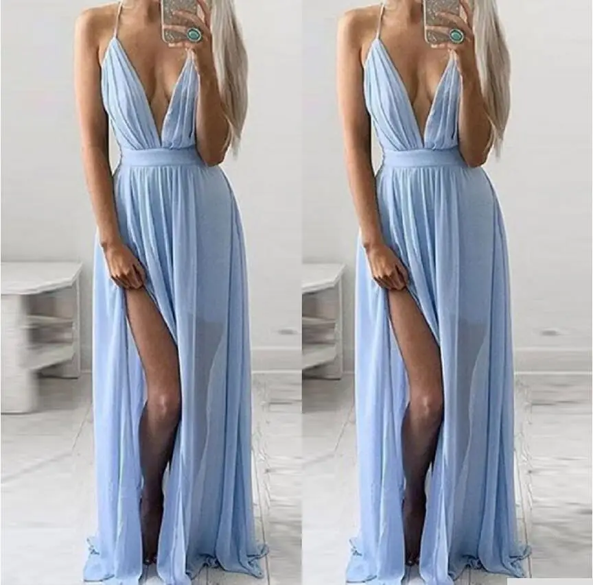 Модное синее длинное платье макси для женщин на тонких бретельках с v образным