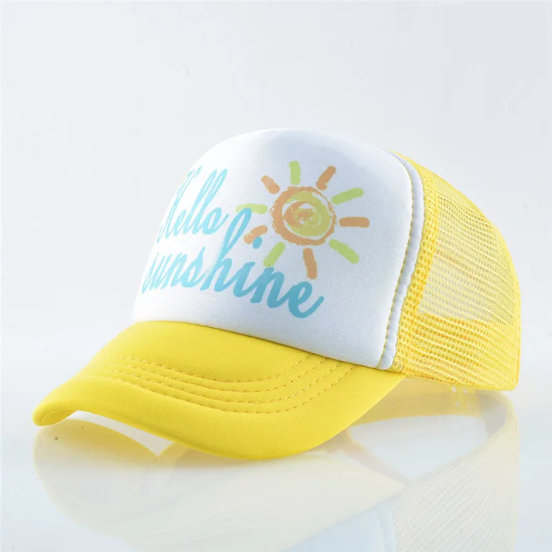 Цвет: желтый Hello Sunshine, детская бейсболка с принтом, летняя сетчатая Детская кепка с козырьком от солнца, Повседневная Бейсболка кепка-trucker кепки для мальчиков и девочек - Цвет: Цвет: желтый