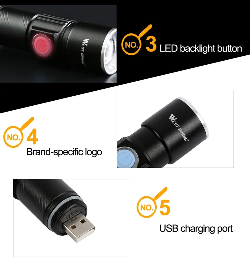WEST BIKING велосипедный светильник с подзарядкой от USB, растягивающийся зум 200 м, водонепроницаемый велосипедный передний светодиодный светильник-вспышка, велосипедный светильник