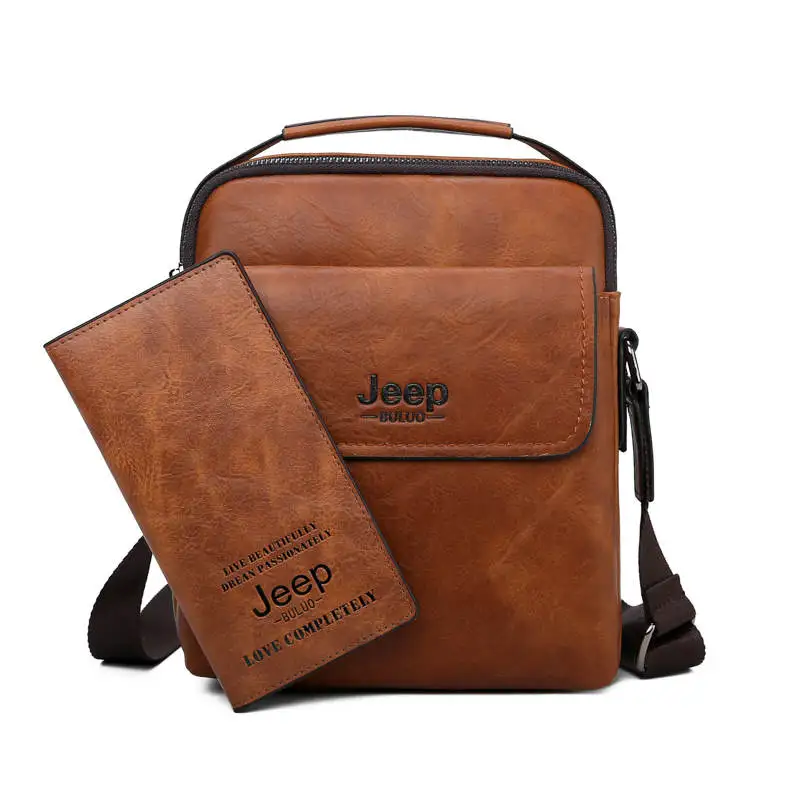 Мужские кожаные сумки для документов jeep buluo, комплект, оранжевая сумка на плечевом ремне и кошелек, кожаная сумка для документов, повседневная кросс-боди сумка, все сезоны - Цвет: 3108-8888 Orange