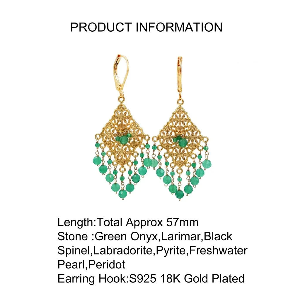 Lii Ji Natural Green Onyx Larimar Freshwater Pearl Labradorite Black Spinel Pyrite Peridot Shining Tassel Statement Earrings | Украшения и