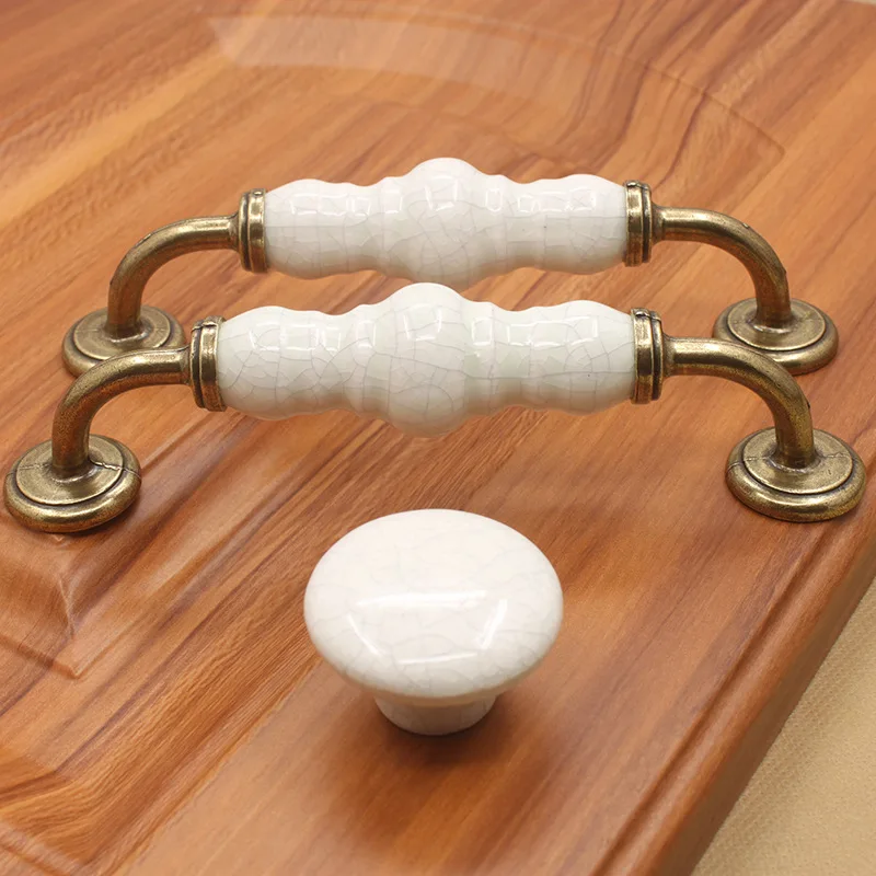 White Crack Ceramic Door Handles European Cabinet Drawer Handle Cupboard Kitchen Pull Vintage Bronze Knobs 128mm/Single Hole |