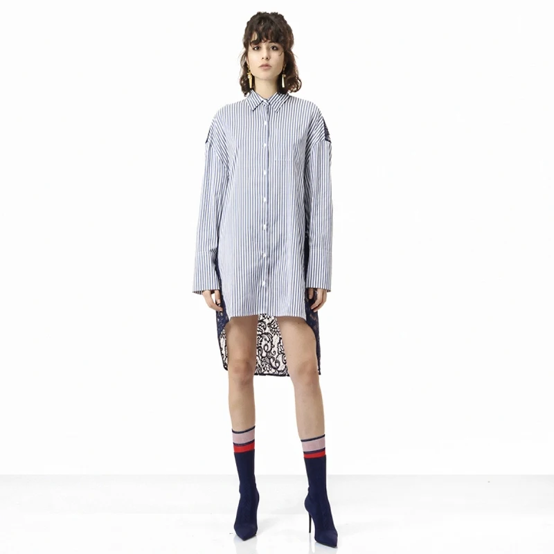 Элегантный 2018 лоскутное кружева Длинная блузка в полоску выдалбливают с длинным