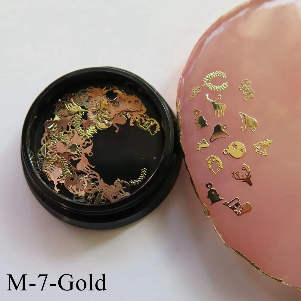 M-7-Gold 1Jar дизайн ногтей смешать различные металлические наклейки в баночках зодиака Снежинка Рождество Хэллоуин серии мультфильм M1-M9 - Цвет: M-7-Gold
