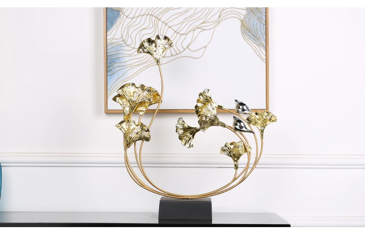 Luxury Gold Resin Ginkgo Leaf Metal Plant Figurines Home Furnishing Decoration Crafts Hotel Livingrroom Fengshui Desk Ornaments
