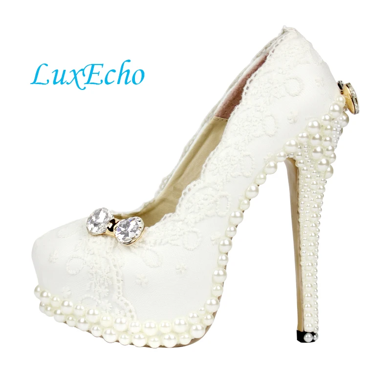 Womens white lace pearl wedding shoes woman bridal party dress shoes platform shoe high heels Pumps zapatos mujer