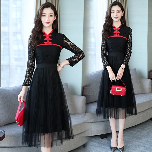 Плюс размер кружевное черное Плиссированное женское платье с длинным рукавом