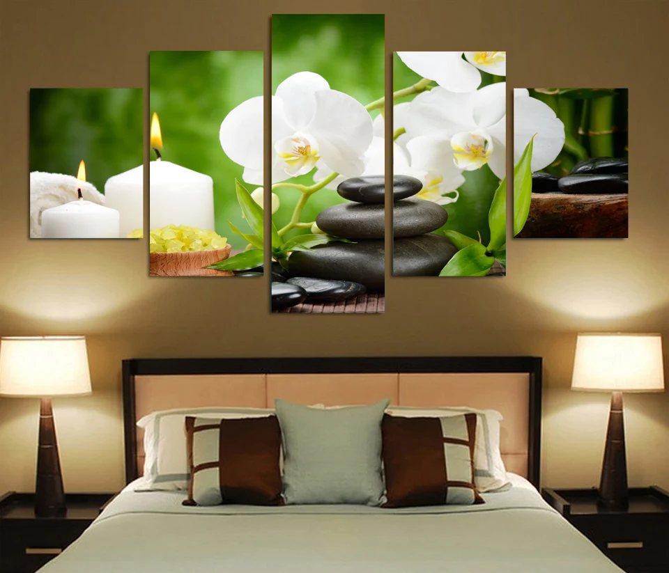 

ArtSailing HD Printed Orchid 5 panel painting stone candle spa wall picture for livingroom wall canvas art