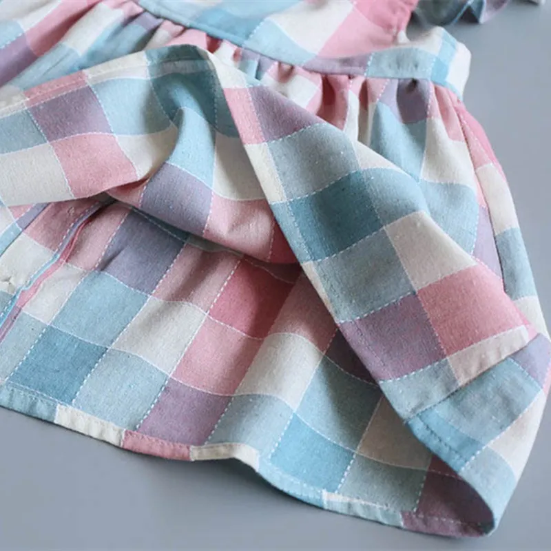 Baby Girls Dress Plaid Pattern Petal Sleeveless A-line Backless Kids Casual Linen Clothing Button Behind Fashion Clothes | Детская