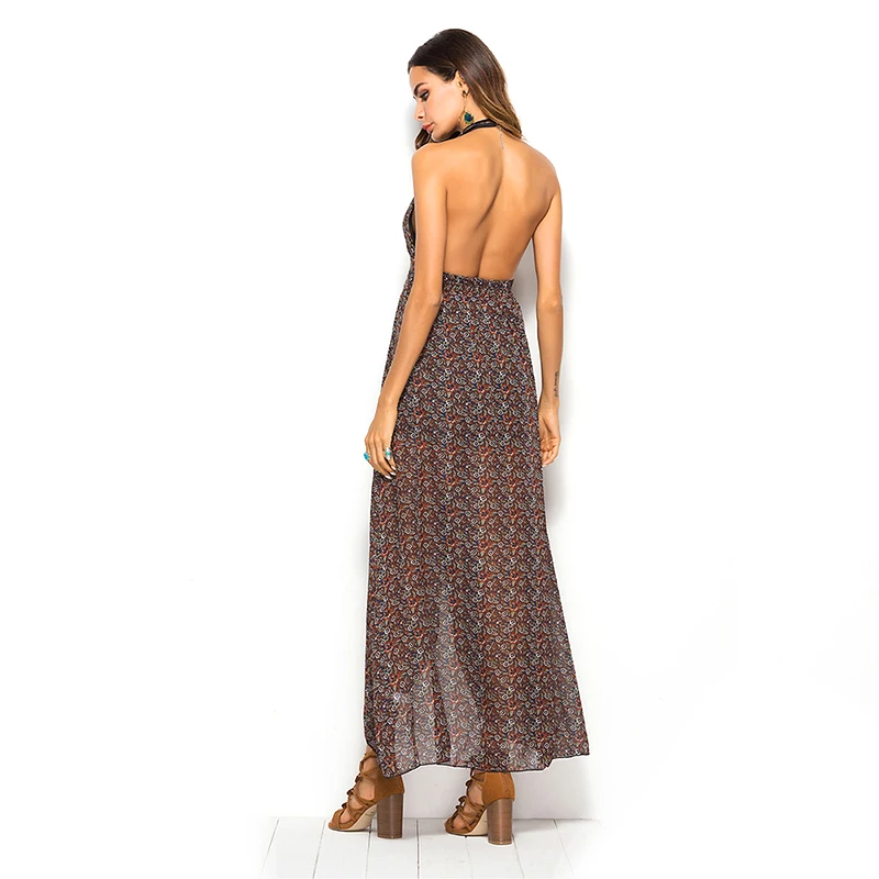 Large Size Summer Retro Backless Print Dress Cover-Ups Floral V-Neck Beach Maxi Long Elegant Women Chiffon |