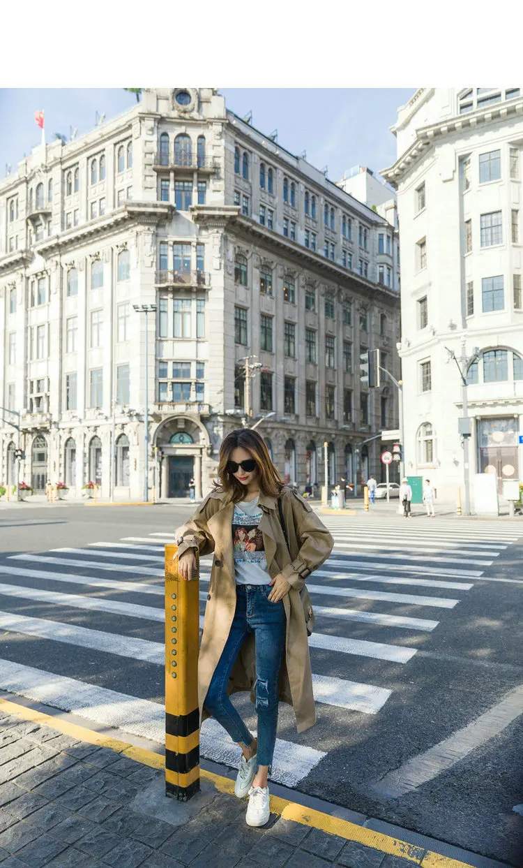 2018 Новая мода двубортный X-длинные Тренч Для женщин хаки тонкий ремень плащ Mujer