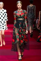 fashion show 2016 robe femme spring autumn women dresses black mesh robe sexy full dress red embroidery flowers long dress