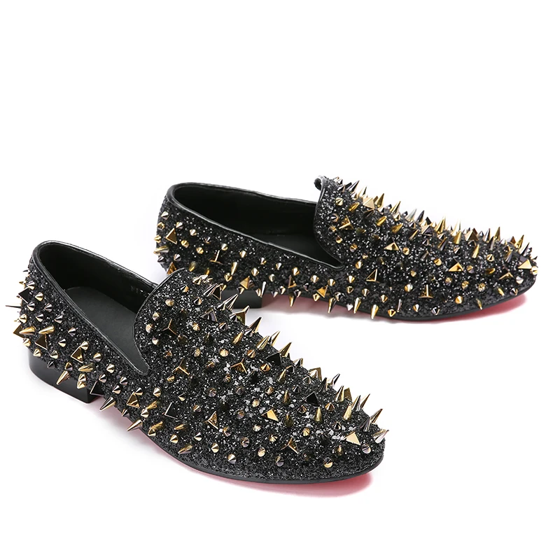 

Christia Bella Luxury Shinny Glitter Spikes Men Flats Party Shoes Sapato Masculino Smoking Bling Full Rivet Summer Male Loafers