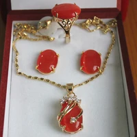 wholesale 1318mm gp orange red opal ring earring pendant fashion jewelry set