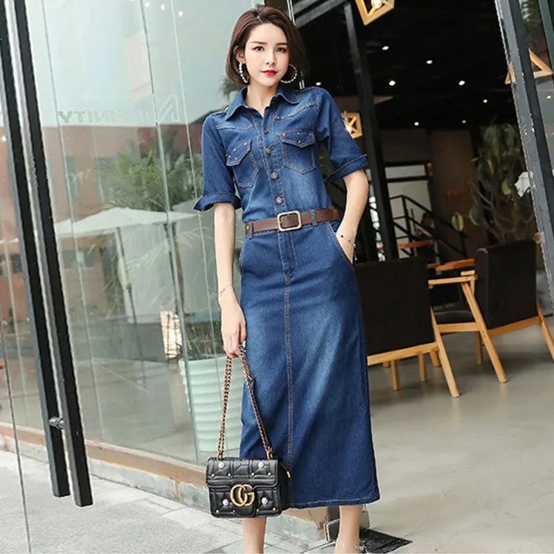2019 Women Denim Dress Half sleeve With Belt Package Hip Blue Jean Spring Fashion Pencil Hot Sell Cowboy Female G231 | Женская одежда